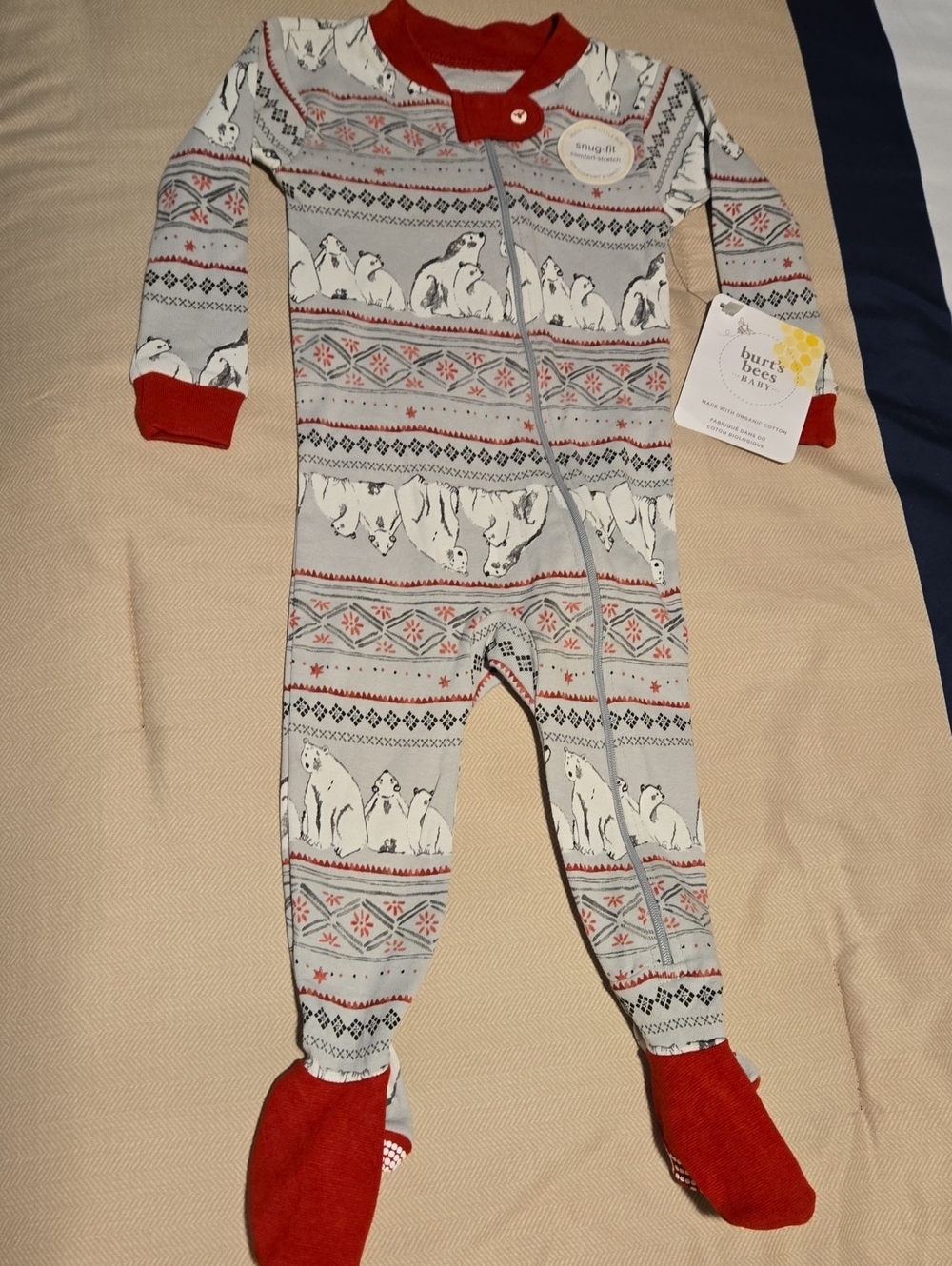 Burt's Bees Baby Gray & Red Polar Bear Print Footed One-Piece